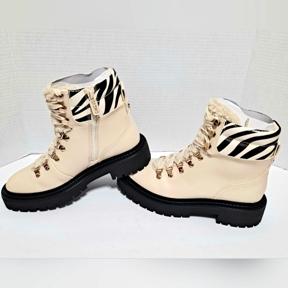 Sam Edelman Circus NY Flora Combat Boots Cream White & Zebra Print NWOT